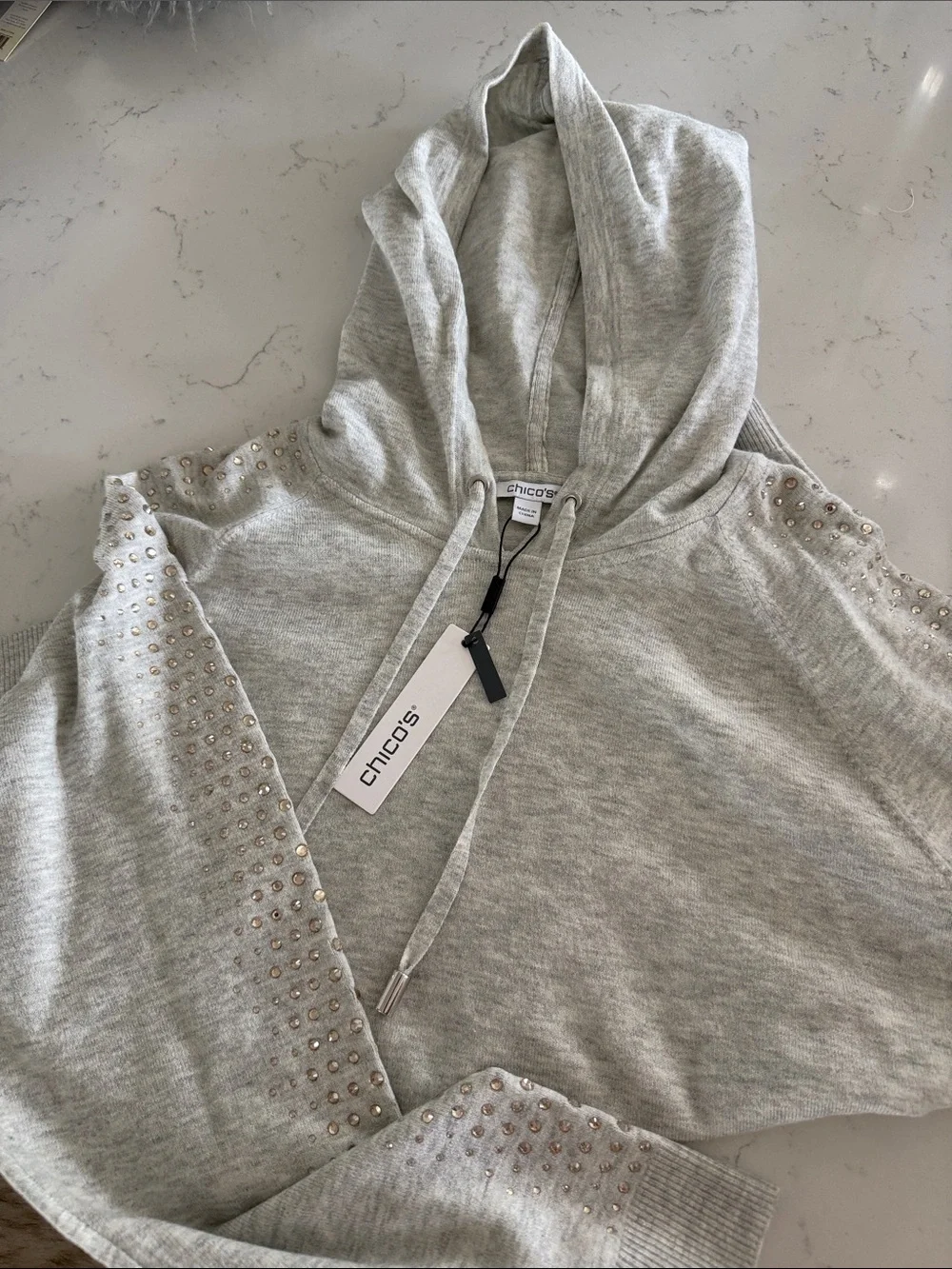 Chico's Light Gray Hoodie with Sparkle Stud Sleeve Detail Zenergy Luxe
